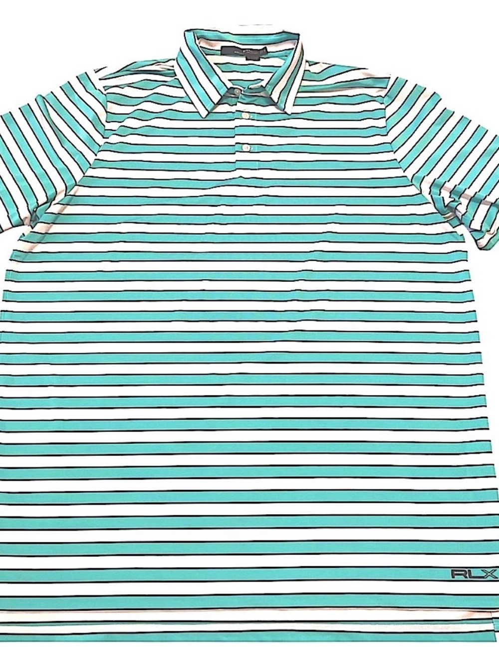 RALPH LAUREN RLX PERFORMANCE TURQUOISE/ WHITE STRIPED SHORT SLEEVE GOLF POLO M